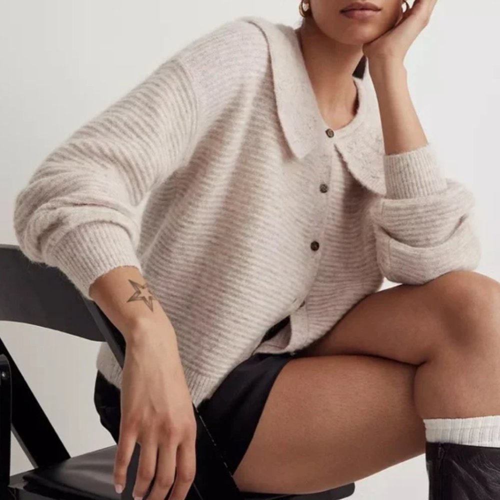Madewell Cream Ribbed Cardigan Peter Pan Collared Sweater